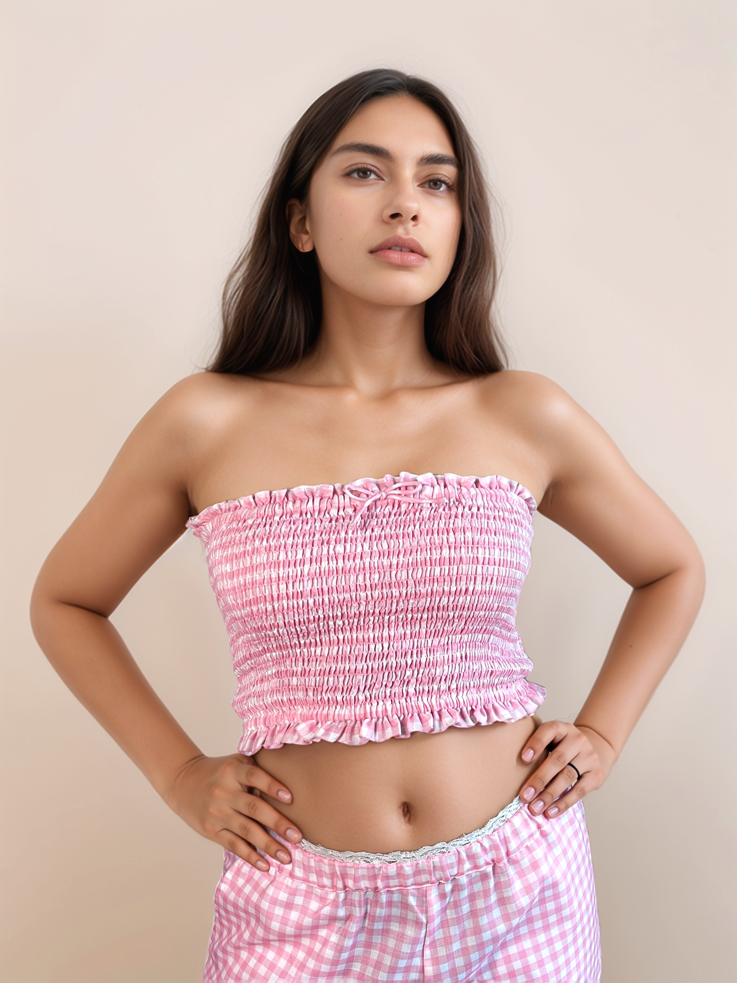 Maisie Smocked Bandeau Top In Pink Gingham