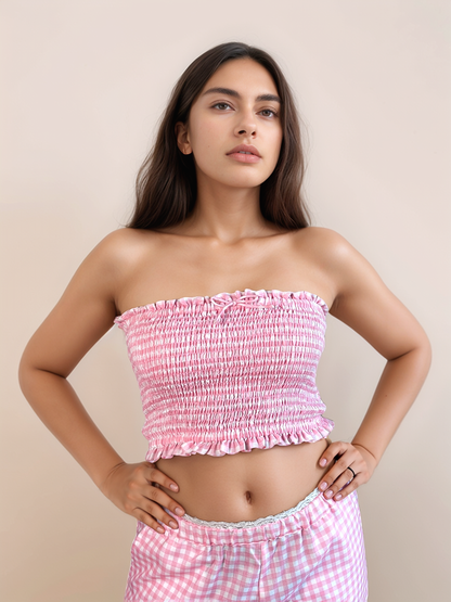 Maisie Smocked Bandeau Top In Pink Gingham