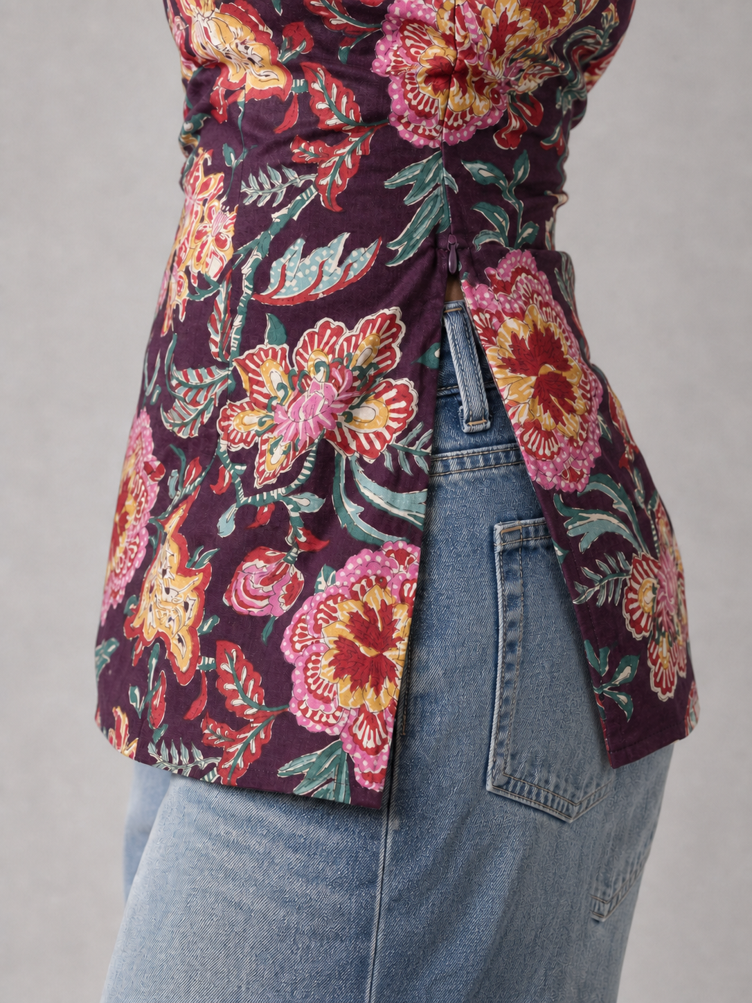 Raha Short Kurti With Corset Back In Purple Floral