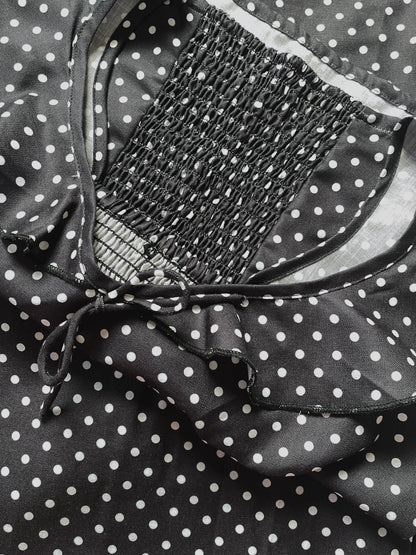 Mira Polka Dot Flounce Neck Top In Black