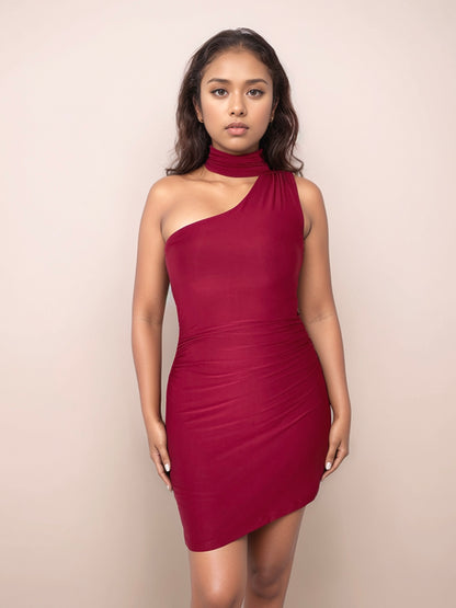 Polly Mini Dress With Attached Scarf In Cherry Red