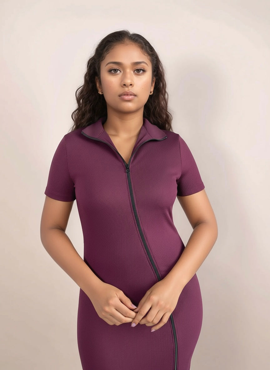Toby Midi Rib Dress With 2 Way Zipper In Burgundy