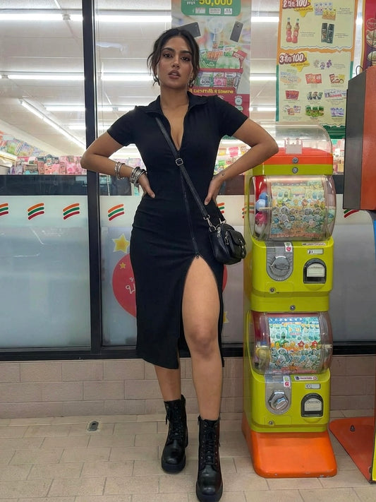 Toby Midi Rib Dress With 2 Way Zipper In Black