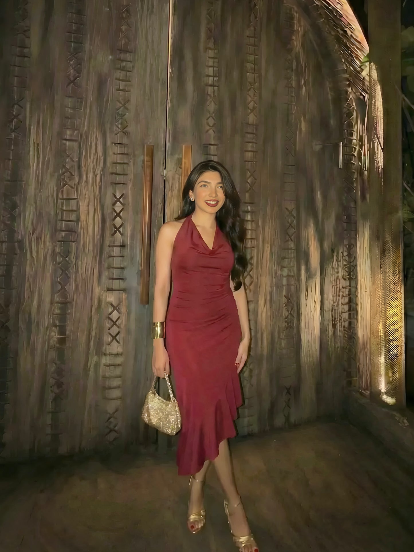 Mona Plunge Cowl Midi Dress In Deep Red