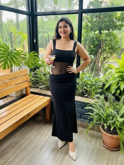 Selene Maxi Dress With Mesh Cutout In Black