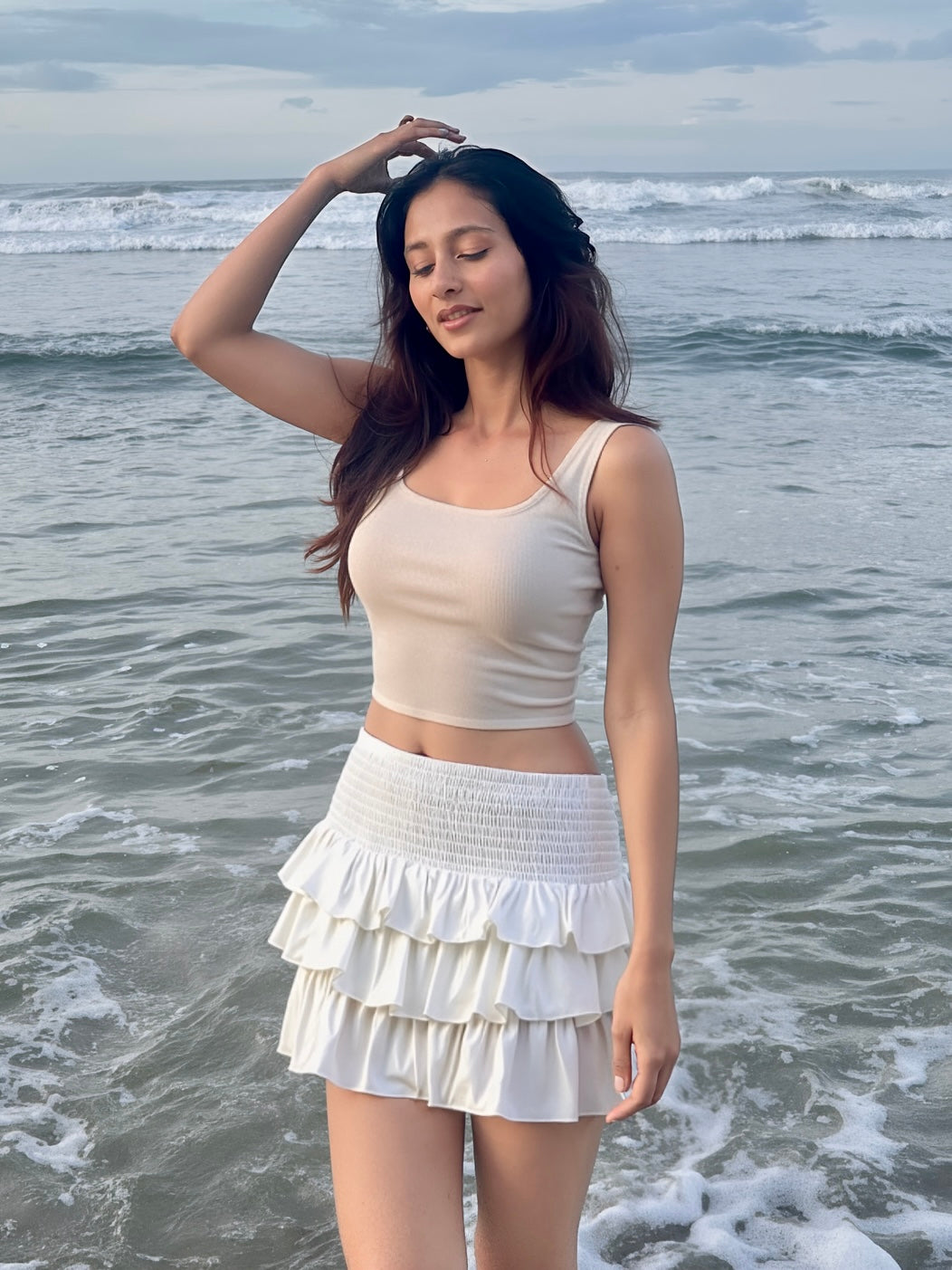 Lulu Smock Waist Ruffle Mini Skirt In White