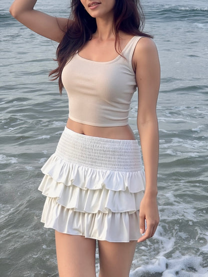 Lulu Smock Waist Ruffle Mini Skirt In White