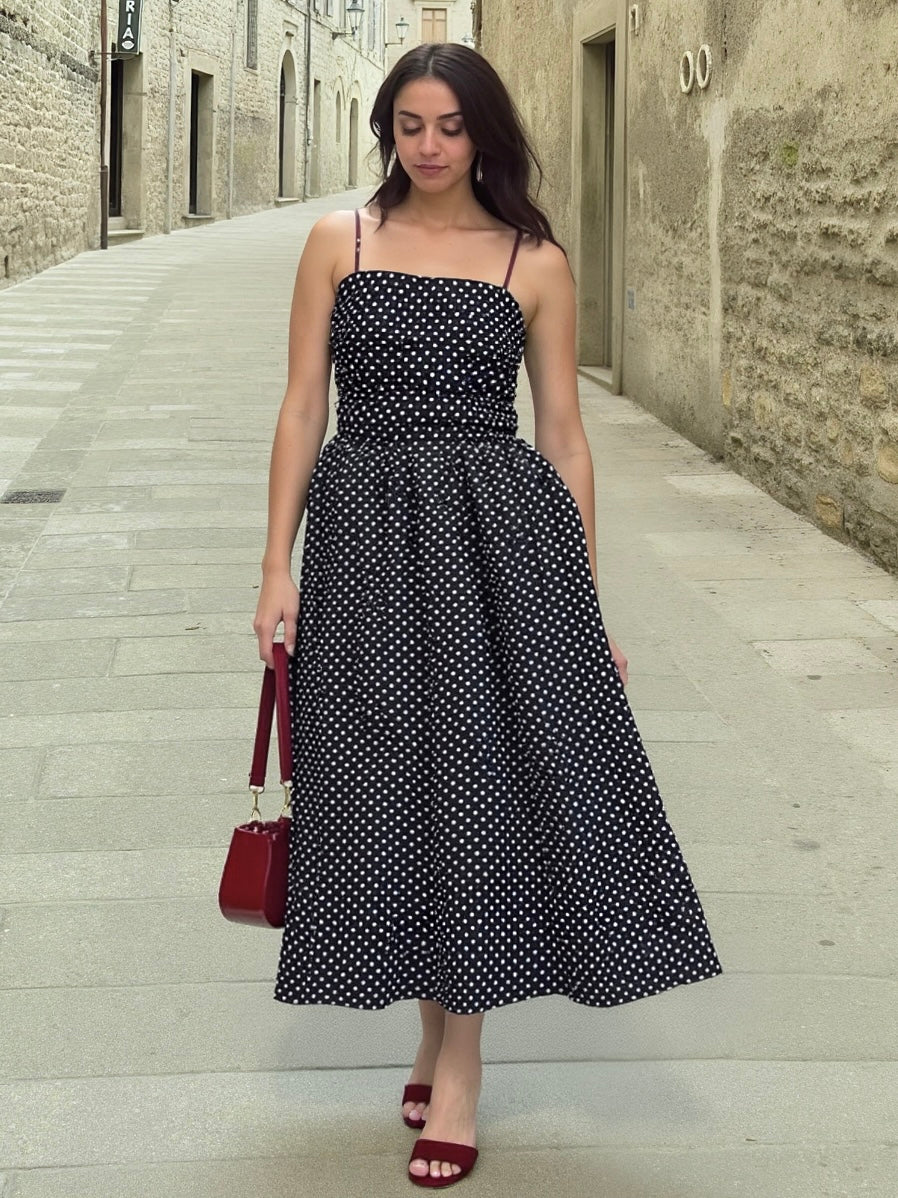 Rachel Polka Dot Dress With Gathers In Black