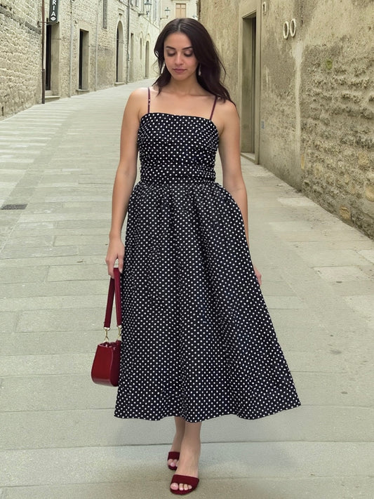 Rachel Polka Dot Dress With Gathers In Black