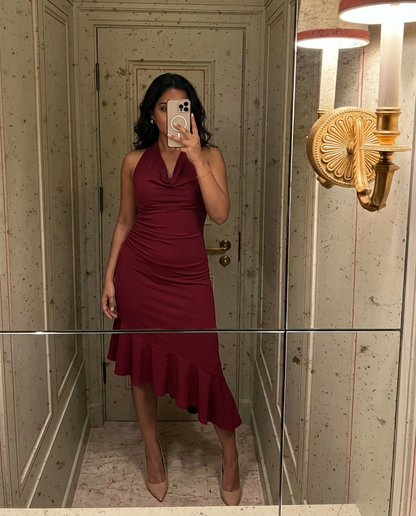 Mona Plunge Cowl Midi Dress In Deep Red