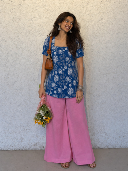 Kuhu Short Kurti With Corset Back In Indigo Dabu Block Print