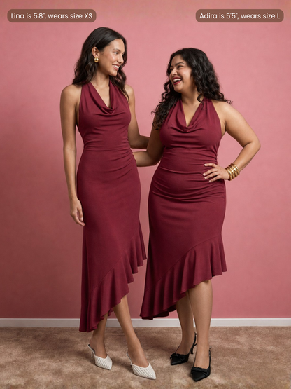 Mona Plunge Cowl Midi Dress In Deep Red