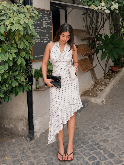 Mona Plunge Cowl Midi Dress In Polka Dot