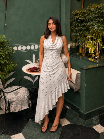 Mona Plunge Cowl Midi Dress In Polka Dot