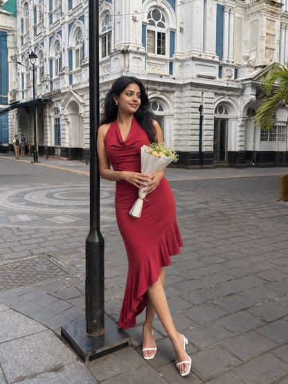 Mona Plunge Cowl Midi Dress In Deep Red