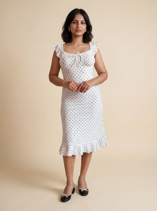 Tara Midi Dress With Flounce In White Polka Dots