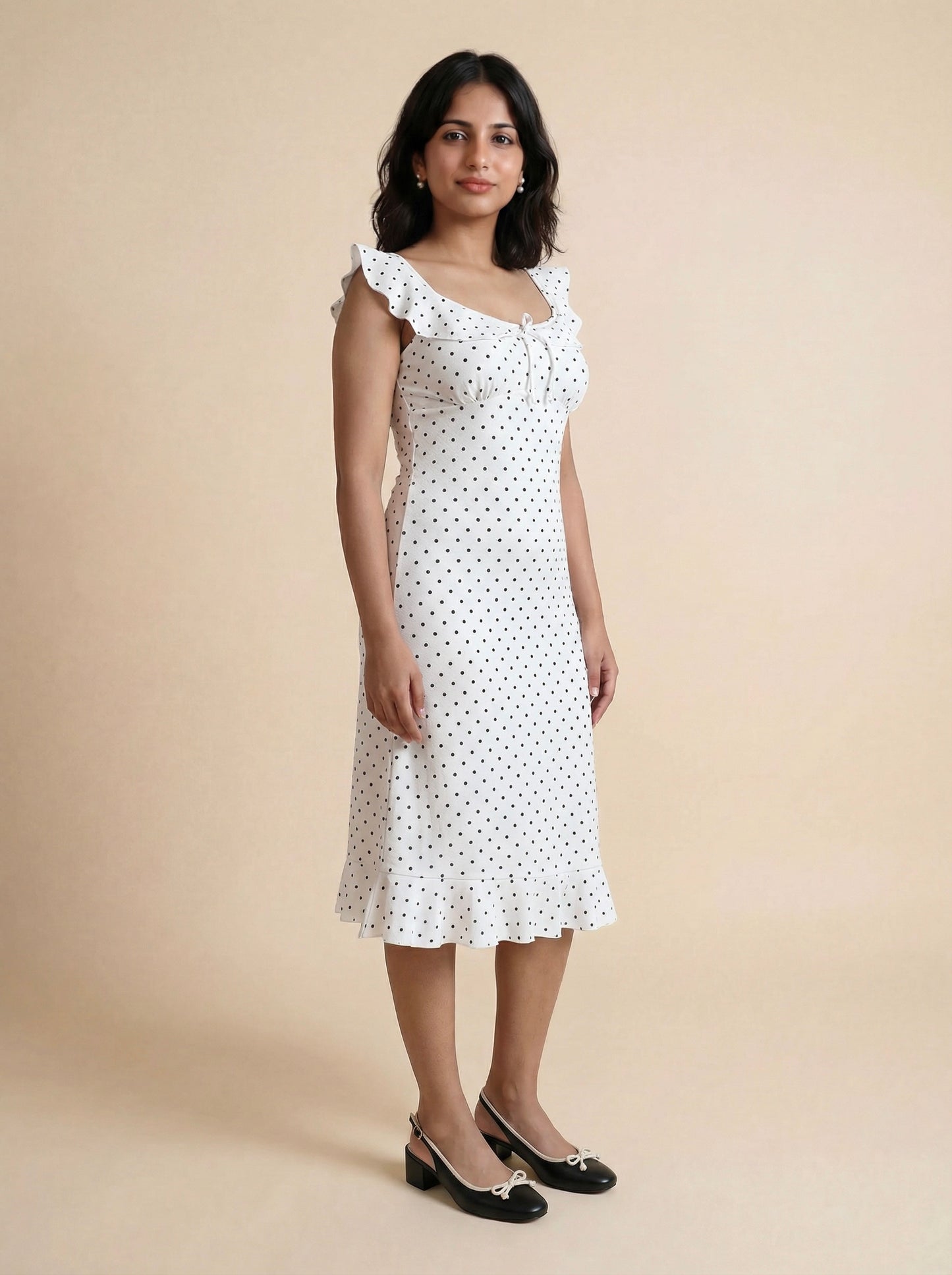 Tara Flounce Midi Dress In White Polka Dots