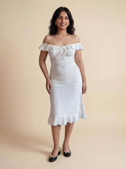 Tara Flounce Midi Dress In White Polka Dots