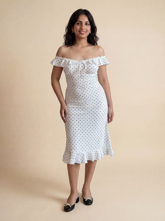 Tara Midi Dress With Flounce In White Polka Dots