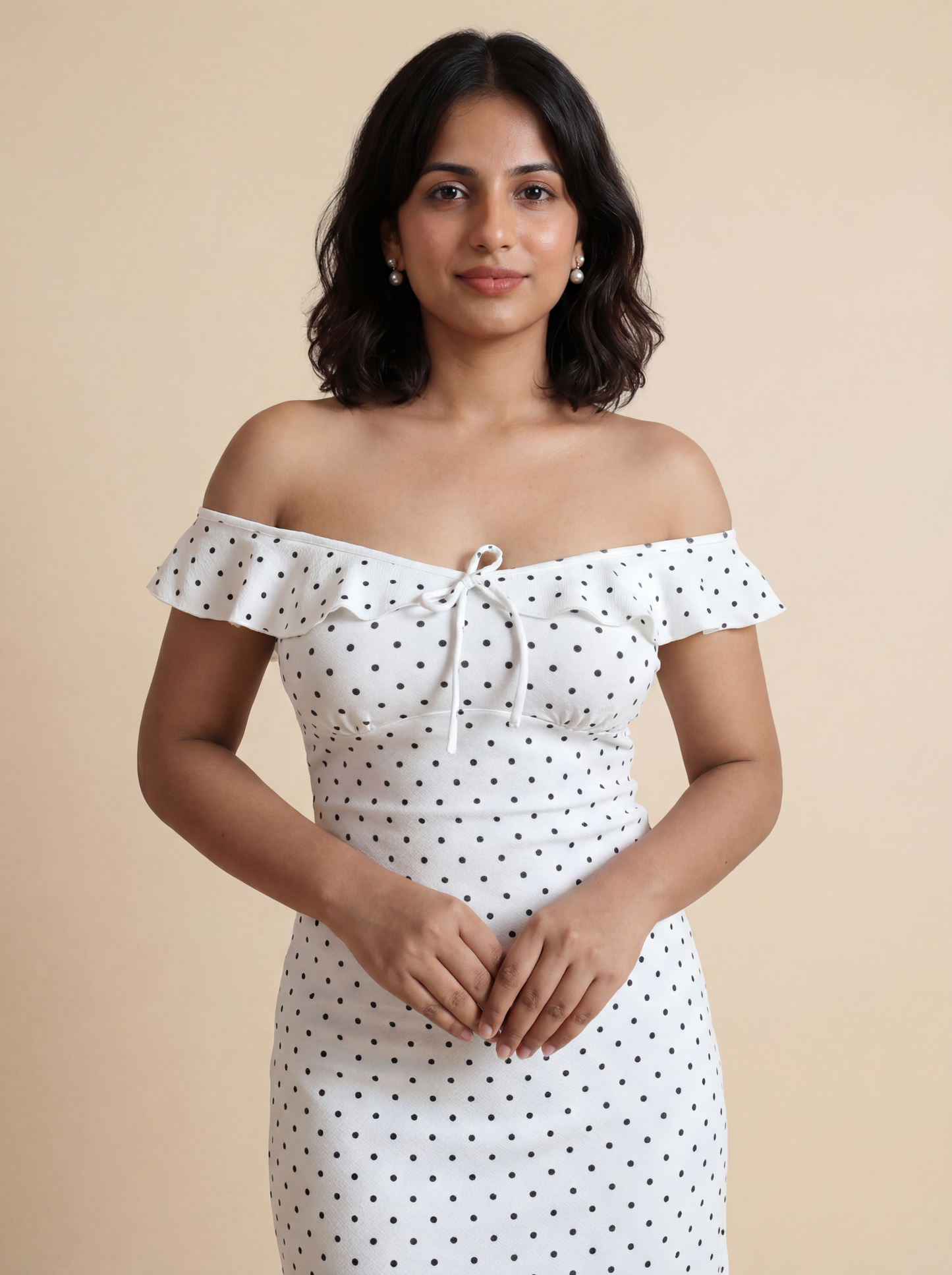 Tara Flounce Midi Dress In White Polka Dots