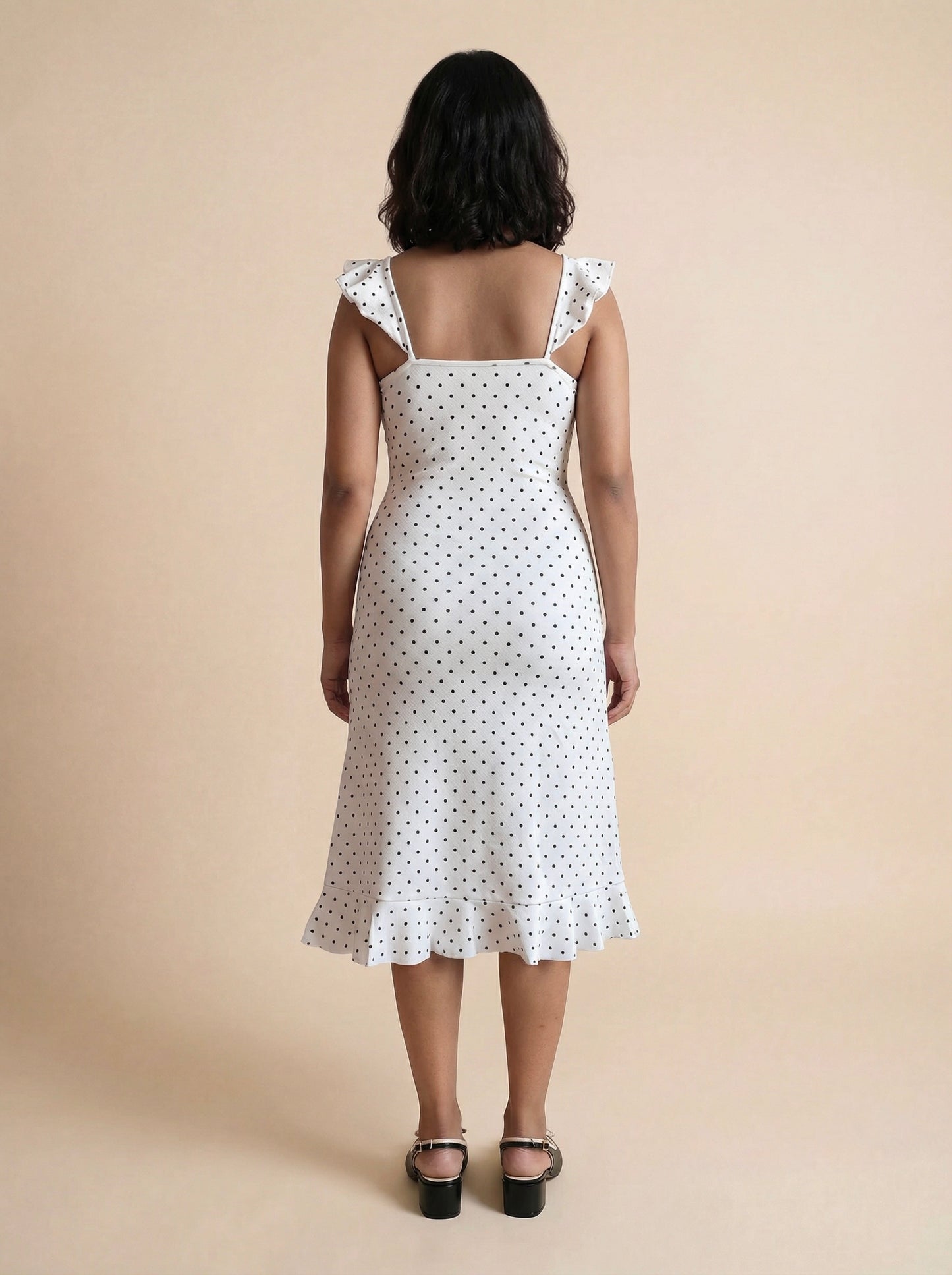 Tara Flounce Midi Dress In White Polka Dots