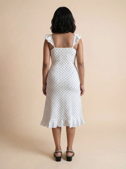 Tara Flounce Midi Dress In White Polka Dots