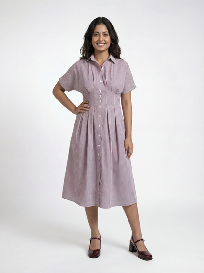 Kira Striped Shirt Dress In Wine