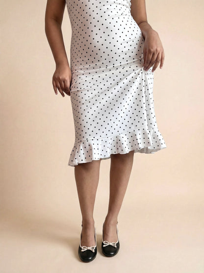 Tara Flounce Midi Dress In White Polka Dots