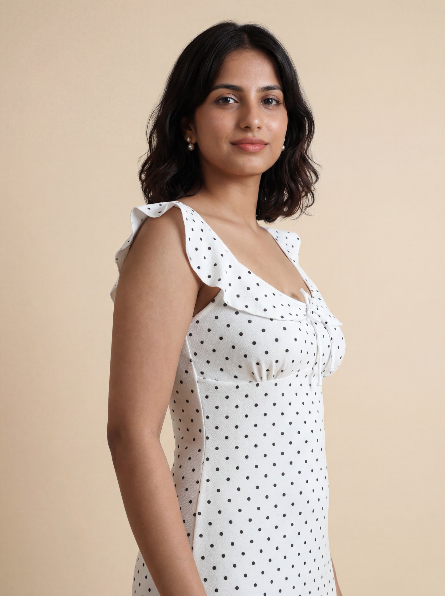 Tara Flounce Midi Dress In White Polka Dots