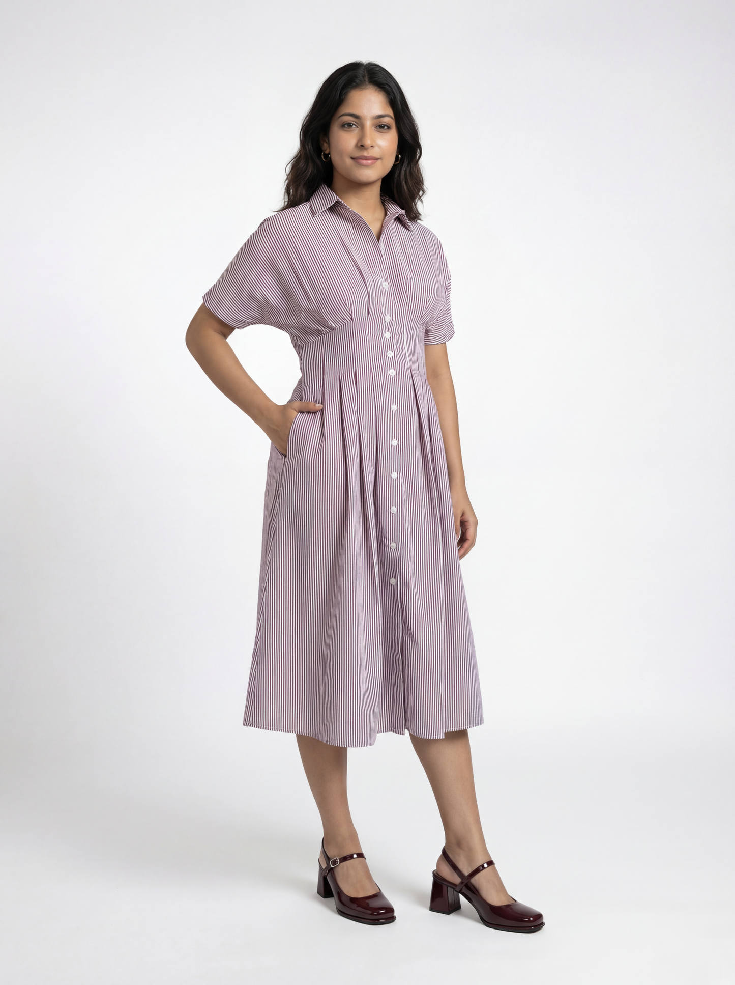 Kira Striped Shirt Dress In Wine