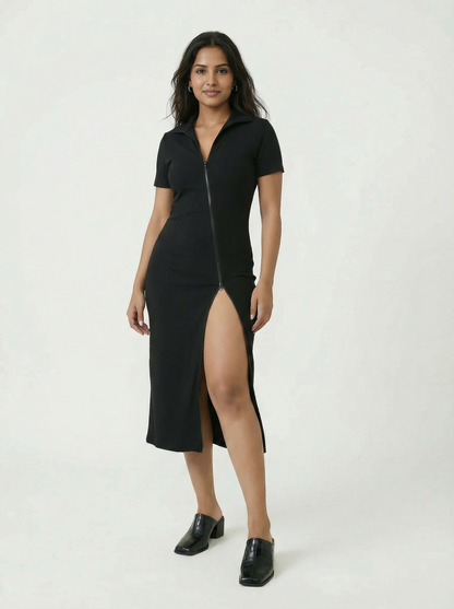 Toby Midi Rib Dress With 2 Way Zipper In Black