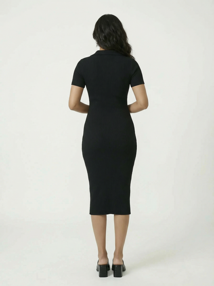 Toby Midi Rib Dress With 2 Way Zipper In Black