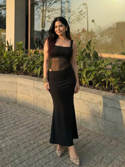 Selene Maxi Dress With Mesh Cutout In Black