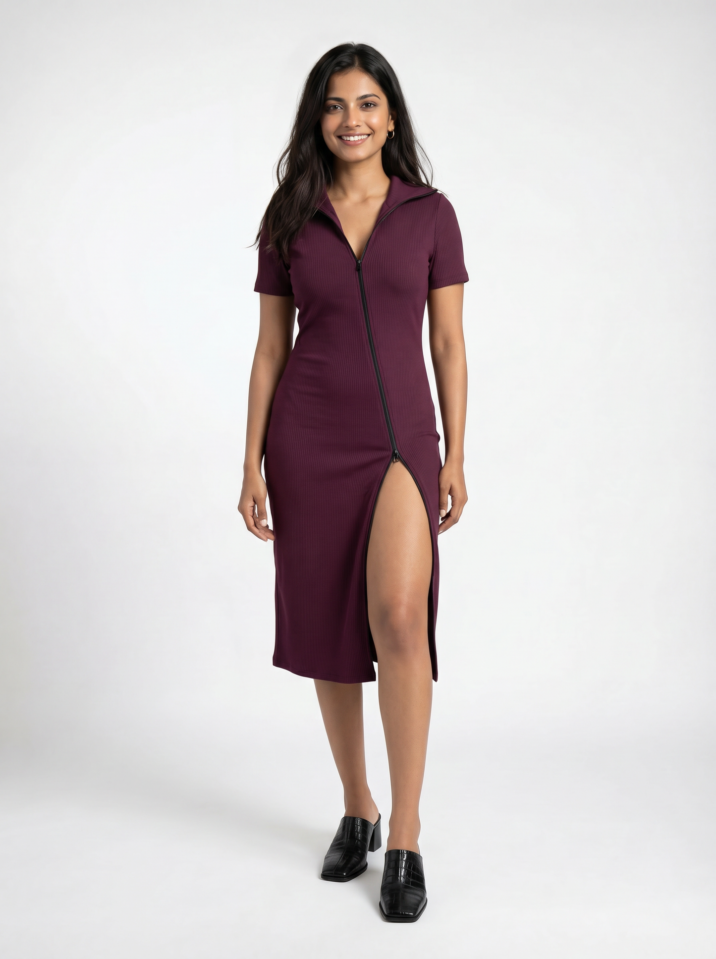 Toby Midi Rib Dress With 2 Way Zipper In Burgundy