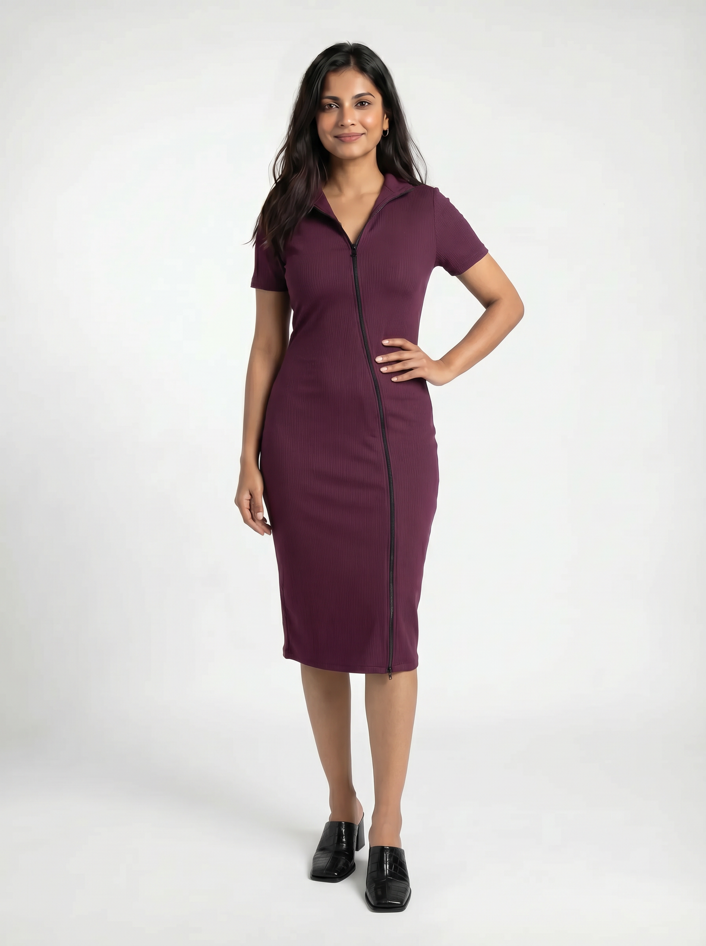 Toby Midi Rib Dress With 2 Way Zipper In Burgundy