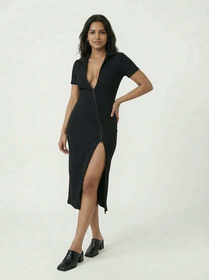 Toby Midi Rib Dress With 2 Way Zipper In Black