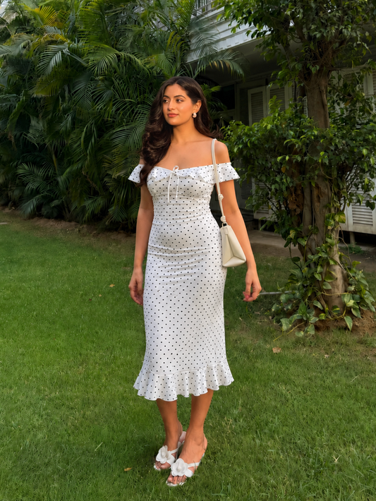 Tara Flounce Midi Dress In White Polka Dots