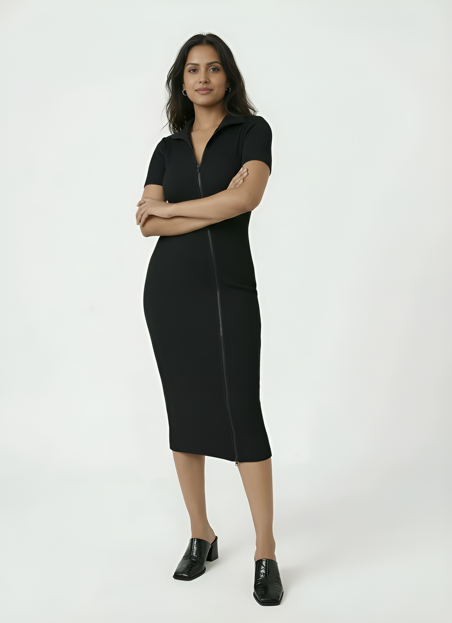 Toby Midi Rib Dress With 2 Way Zipper In Black