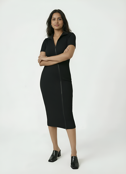 Toby Midi Rib Dress With 2 Way Zipper In Black