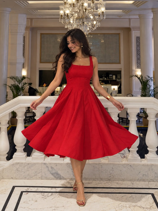 Willa Midi Dress With Panels In Red