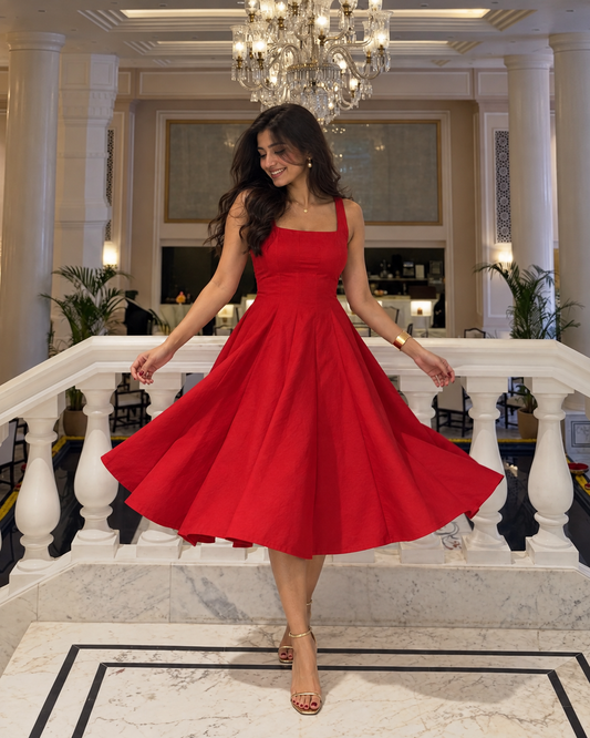 Willa Midi Dress With Panels In Red