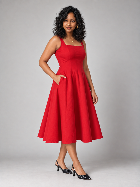 Willa Midi Dress With Panels In Red