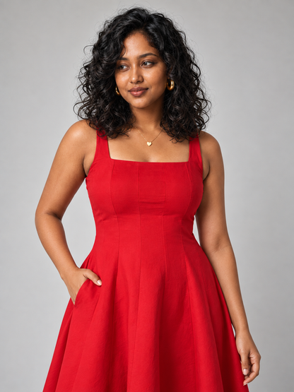Willa Midi Dress With Panels In Red