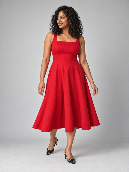 Willa Midi Dress With Panels In Red