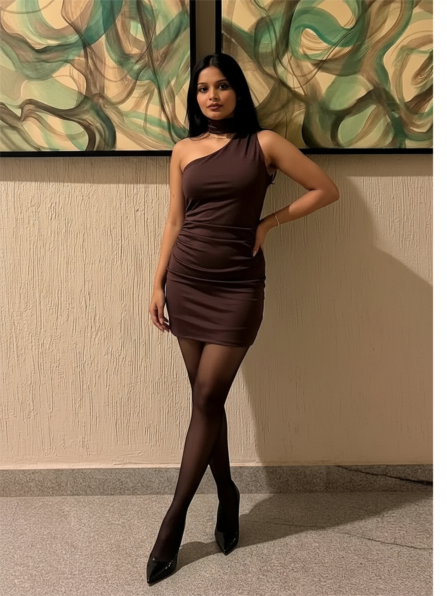 Polly Mini Dress With Attached Scarf In Chocolate Brown