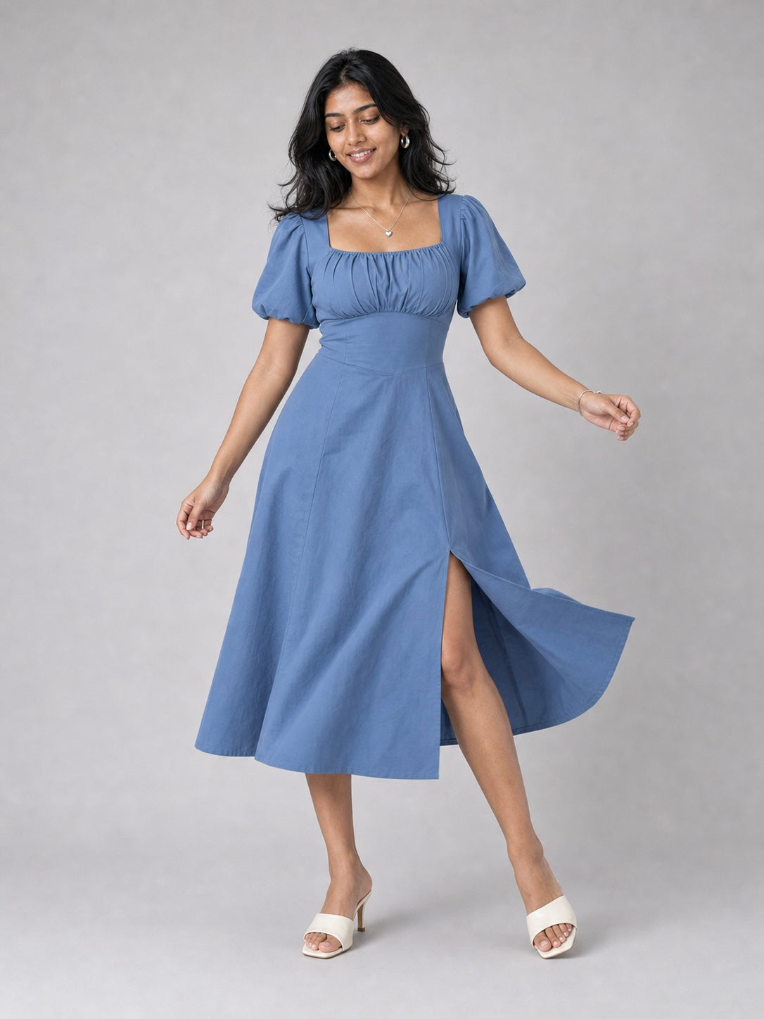 Tula Midi Dress With Basque Waist In Soft Blue
