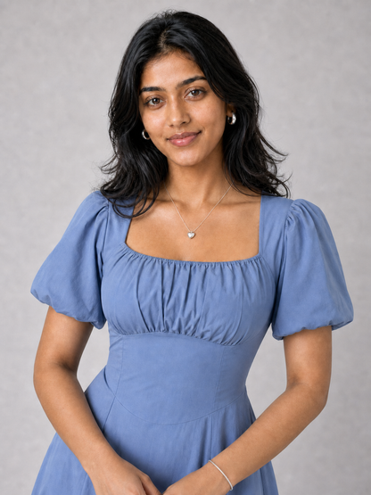 Tula Midi Dress With Basque Waist In Soft Blue