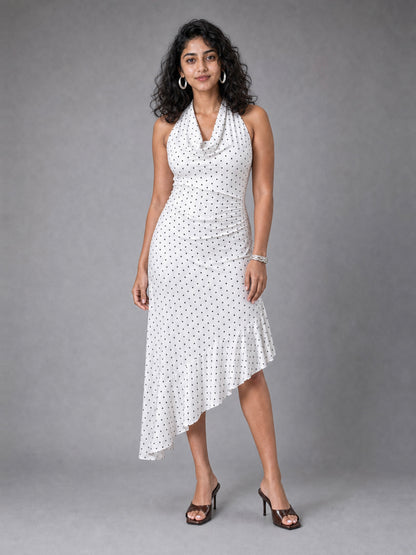 Mona Plunge Cowl Midi Dress In Polka Dot