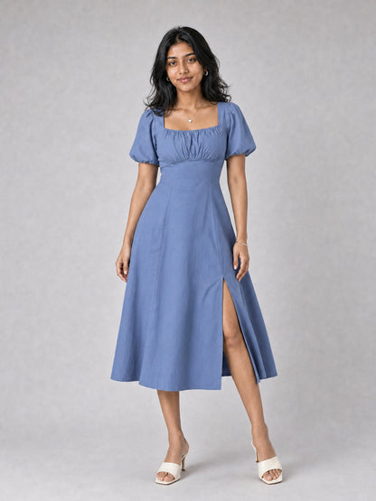 Tula Midi Dress With Basque Waist In Soft Blue