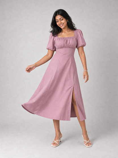 Tula Midi Dress With Basque Waist In Soft Pink